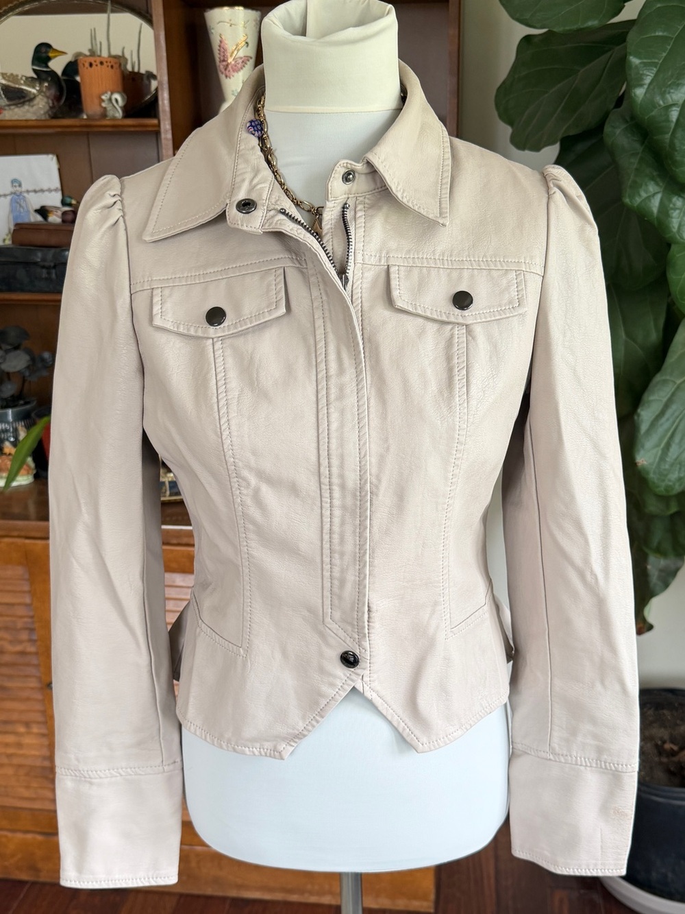 LA Coalition Faux Leather Taupe Cream Puff Sleeve Jacket S